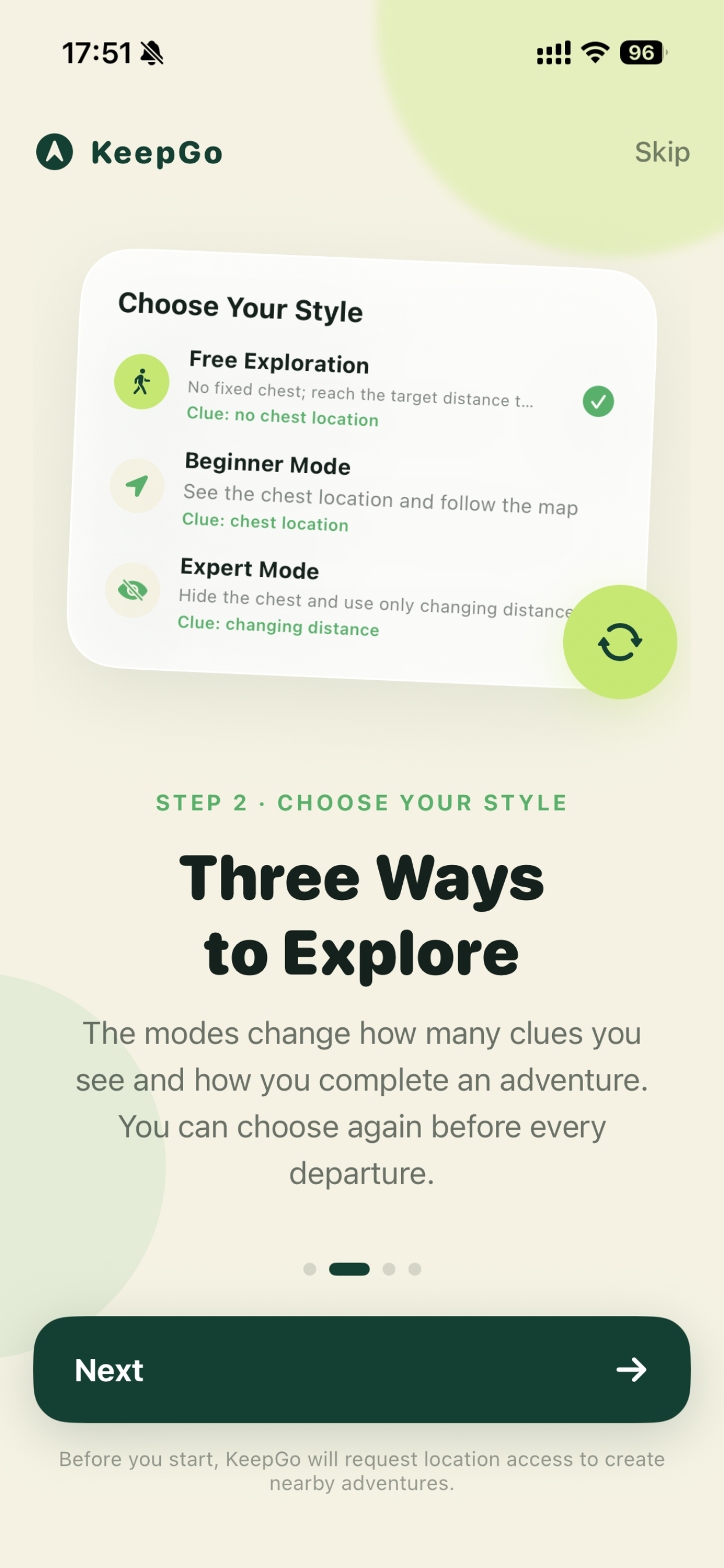 KeepGo screen showing Free Exploration, Beginner, and Expert modes